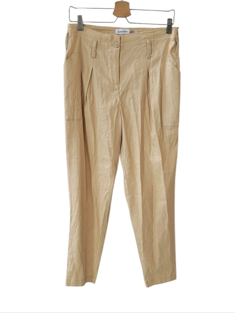 Calvin Klein Beige Linen Blend High Waisted Pleated Cropped Trouser Pant Size 2